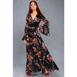 Lulus Multi-Floral Balloon Sleeve Dress Party Event Romantic Black/Red -Size M